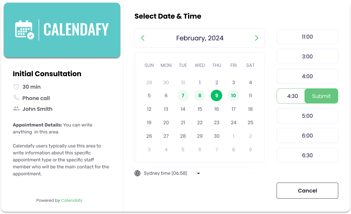 Calendafy_Appointment_Booking_Page